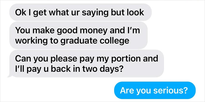Text message exchange about paying for a friend's vacation portion last minute. Text message exchange about paying for a friend's vacation portion last minute.