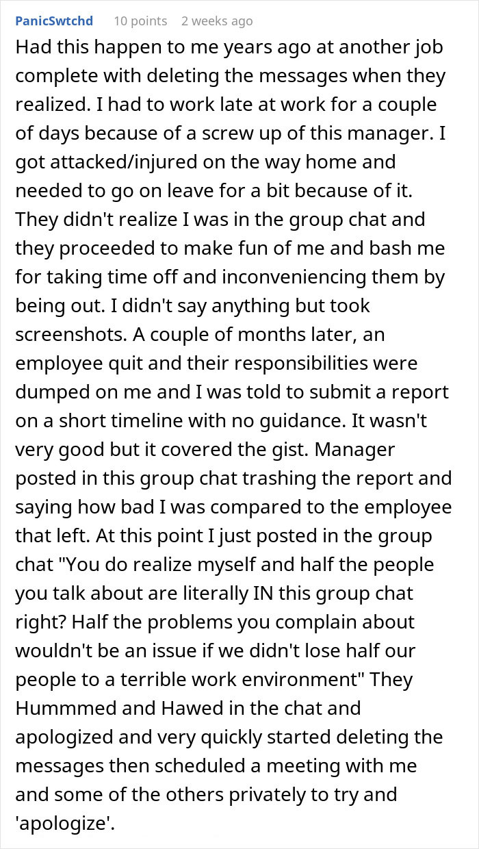 Text exchange describing uncomfortable situation with managers in a group chat, highlighting patronizing behavior. Text exchange describing uncomfortable situation with managers in a group chat, highlighting patronizing behavior.