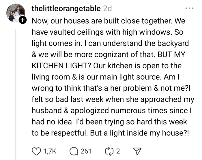 Post from thelittleorangetable discussing neighbor's complaints about light in kitchen. Post from thelittleorangetable discussing neighbor's complaints about light in kitchen.