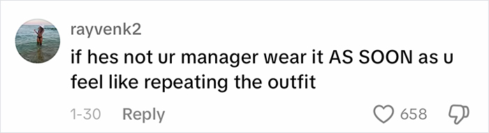 Comment screenshot discussing inappropriate outfit advice at work. Comment screenshot discussing inappropriate outfit advice at work.