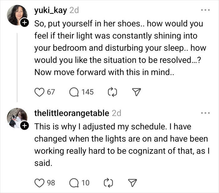 Social media comments about couple reacting to neighbor's light complaints. Social media comments about couple reacting to neighbor's light complaints.