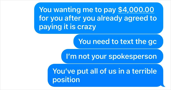 Text conversation about refusing to cover a friend's vacation cost last minute. Text conversation about refusing to cover a friend's vacation cost last minute.