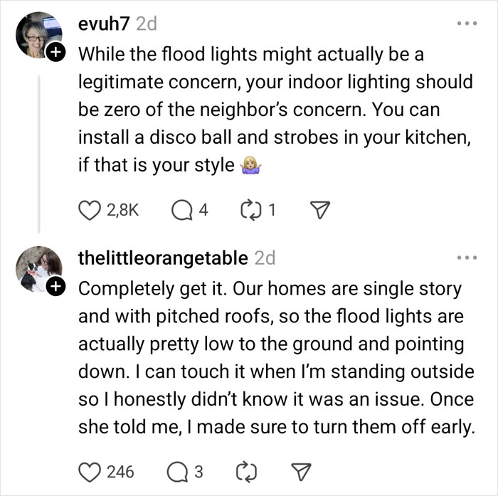 Social media comments discussing neighbor's complaints about indoor and flood lighting. Social media comments discussing neighbor's complaints about indoor and flood lighting.