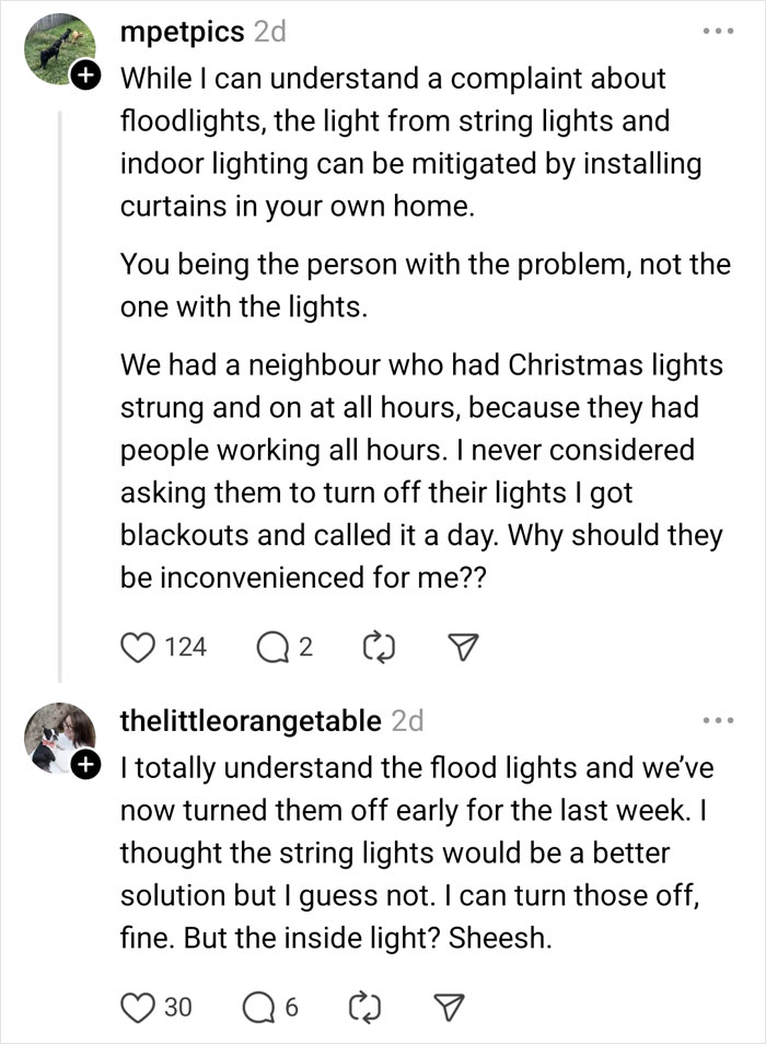 Social media comments about neighbors' light complaints and ongoing issues. Social media comments about neighbors' light complaints and ongoing issues.