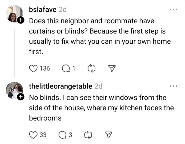 Comments discussing neighbor's light complaints: suggestions on installing curtains or blinds. Comments discussing neighbor's light complaints: suggestions on installing curtains or blinds.