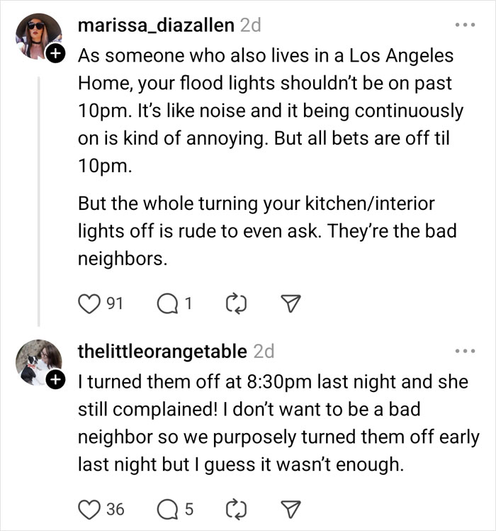 Neighbors discuss complaints about lights in online comments. Neighbors discuss complaints about lights in online comments.