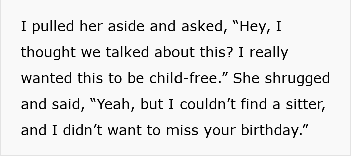 Text conversation about a child-free birthday dinner, discussing a friend's decision to bring her kid due to lack of a sitter. Text conversation about a child-free birthday dinner, discussing a friend's decision to bring her kid due to lack of a sitter.