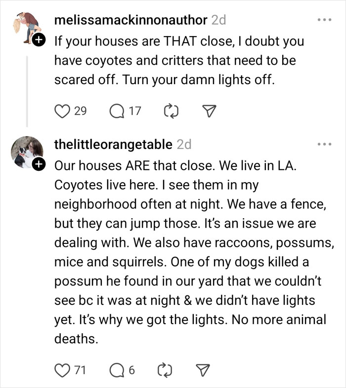 Neighbors discuss complaints about lights due to wildlife problems like coyotes and raccoons in their area. Neighbors discuss complaints about lights due to wildlife problems like coyotes and raccoons in their area.