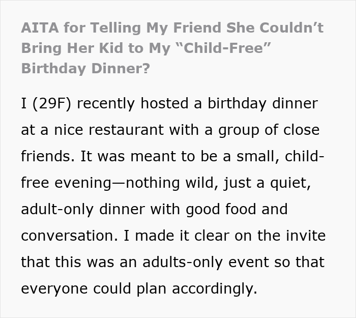 Text discussing a child-free birthday dinner invitation and maintaining an adults-only event focus. Text discussing a child-free birthday dinner invitation and maintaining an adults-only event focus.