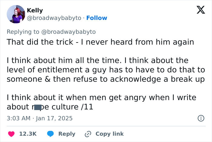 Tweet response discussing entitlement and breakup in relationships. Tweet response discussing entitlement and breakup in relationships.