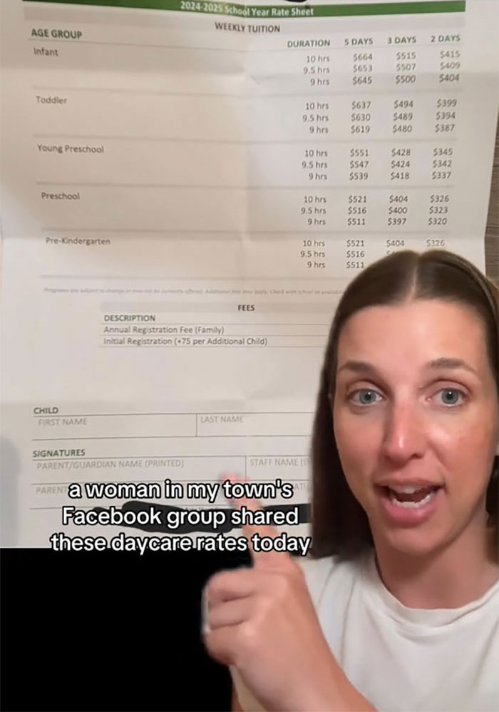 Woman showing daycare rates, highlighting affordability issues for young parents. Woman showing daycare rates, highlighting affordability issues for young parents.