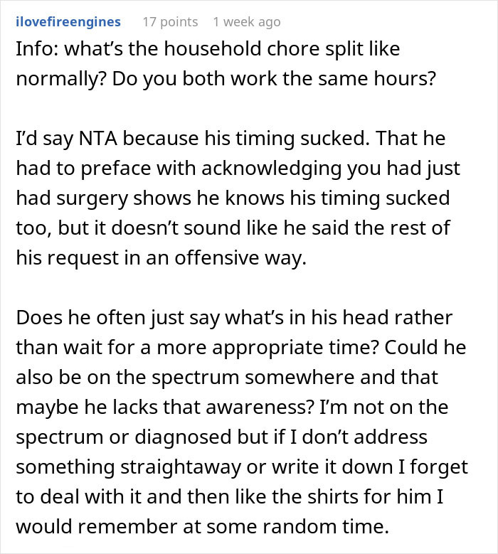 Comment discussing timing after surgery and questioning household chore split balance. Comment discussing timing after surgery and questioning household chore split balance.