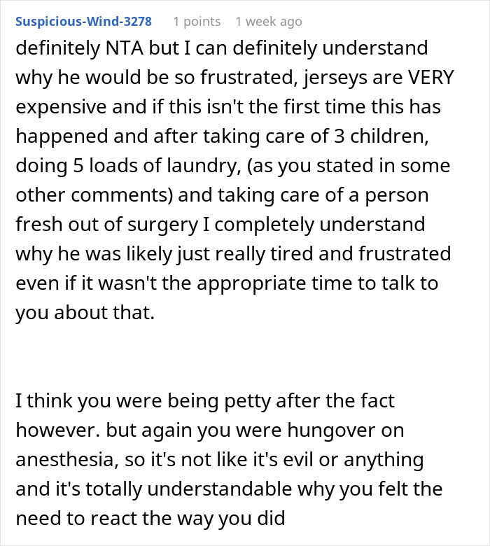 Text comment discussing laundry frustrations after surgery, with user sympathizing with both sides. Text comment discussing laundry frustrations after surgery, with user sympathizing with both sides.