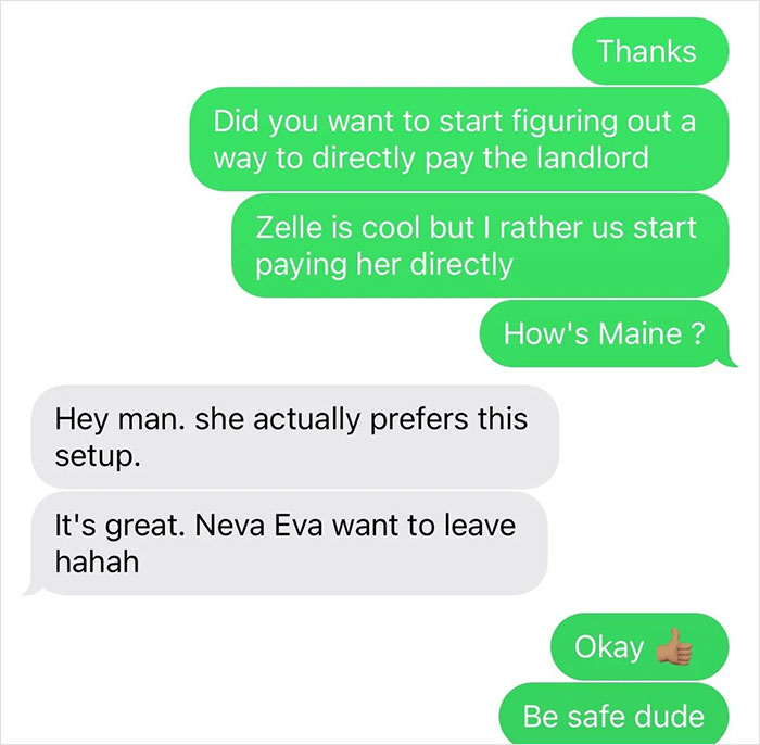 Text conversation about rent payment preferences between roommates. Text conversation about rent payment preferences between roommates.