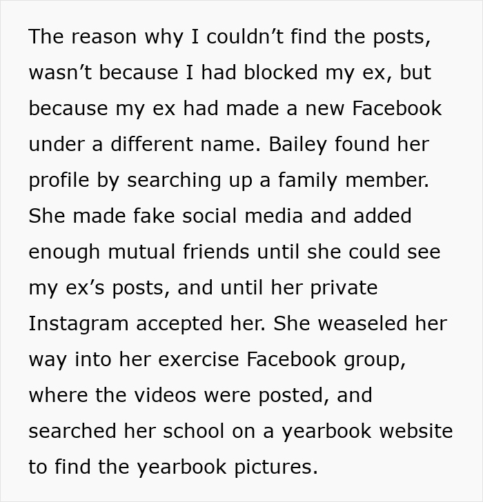 Text recounting wife's nine-year effort stalking husband's ex online with fake profiles and imitation. Text recounting wife's nine-year effort stalking husband's ex online with fake profiles and imitation.