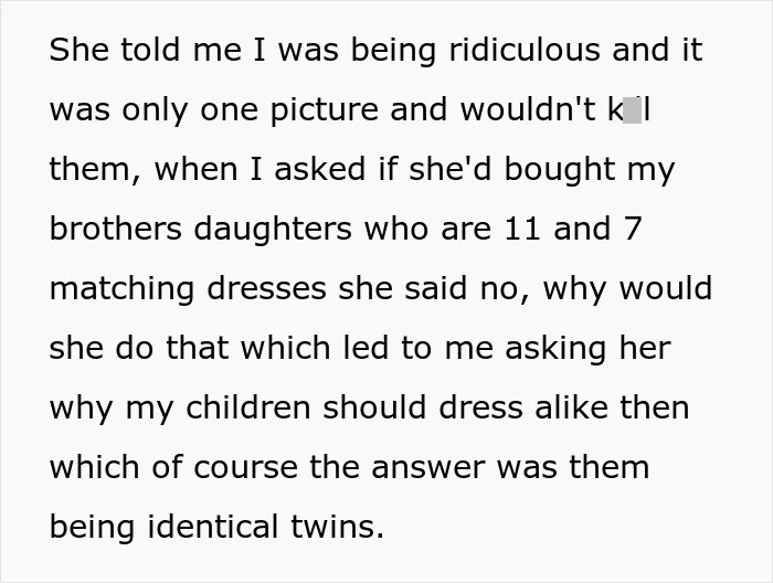 Text discussing the ridiculousness of dressing twins differently versus making them match. Text discussing the ridiculousness of dressing twins differently versus making them match.