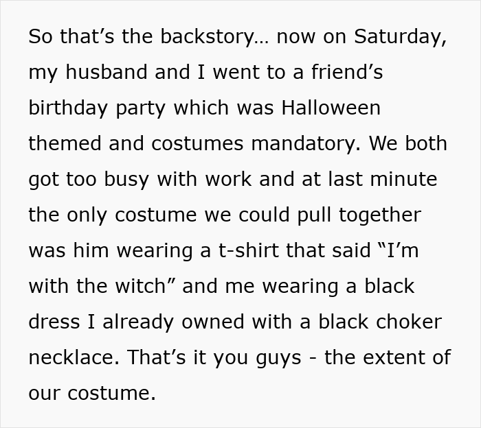 Text describing a Halloween-themed party costume involving a t-shirt and a witch-themed outfit. Text describing a Halloween-themed party costume involving a t-shirt and a witch-themed outfit.