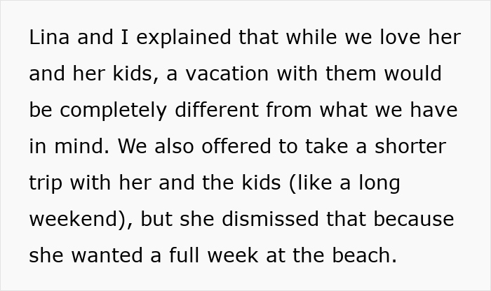 Text about explaining vacation plans differing, offering a shorter trip, but single mom wanting a full beach week. Text about explaining vacation plans differing, offering a shorter trip, but single mom wanting a full beach week.