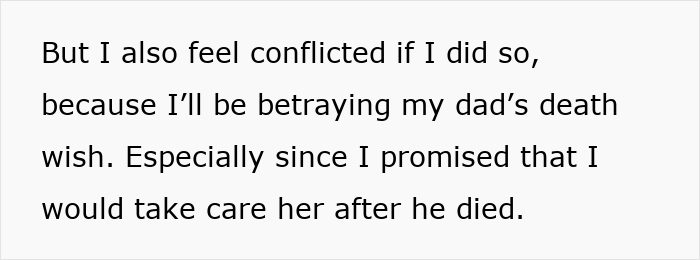 Text expressing a woman's conflict about prioritizing her father's death wish over inheritance choices. Text expressing a woman's conflict about prioritizing her father's death wish over inheritance choices.