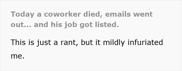 Text discussing the aftermath of a coworker's death, including emails and job listing. Text discussing the aftermath of a coworker's death, including emails and job listing.