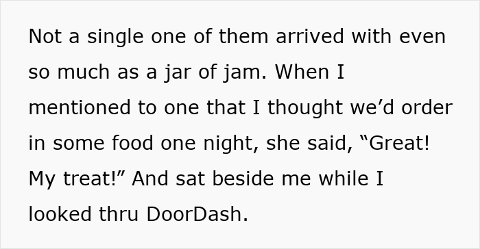 Text about ungrateful houseguests treating a woman's home like a hotel, not bringing gifts or showing appreciation. Text about ungrateful houseguests treating a woman's home like a hotel, not bringing gifts or showing appreciation.