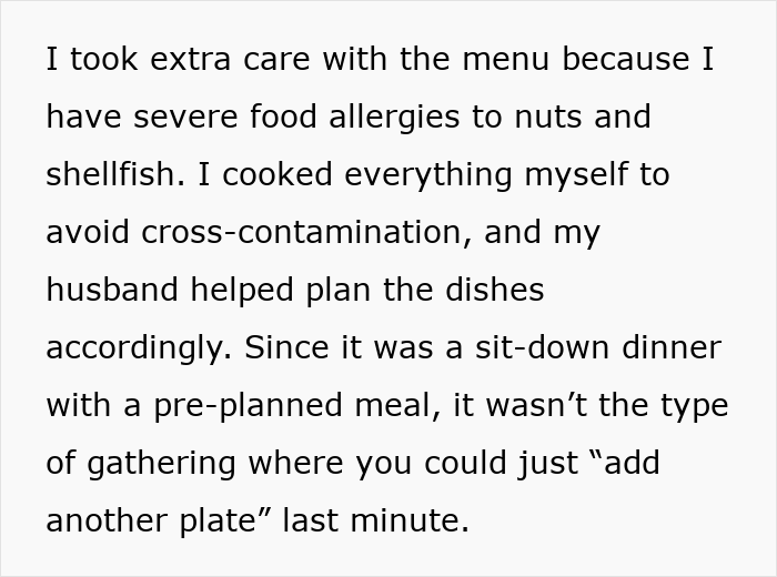 Text explaining careful meal preparation due to severe food allergies, emphasizing a pre-planned sit-down dinner. Text explaining careful meal preparation due to severe food allergies, emphasizing a pre-planned sit-down dinner.