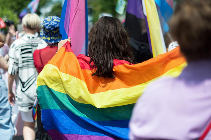 Person holding a rainbow flag at a pride event, surrounded by others celebrating LGBTQ+ rights. Person holding a rainbow flag at a pride event, surrounded by others celebrating LGBTQ+ rights.