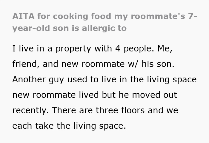 Text discussing roommate's frustration after being blamed for allergic 7-year-old snatching food. Text discussing roommate's frustration after being blamed for allergic 7-year-old snatching food.