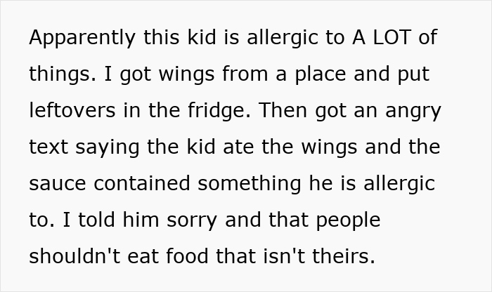 Text message about allergic reaction after 7-year-old ate roommate's leftover wings. Text message about allergic reaction after 7-year-old ate roommate's leftover wings.