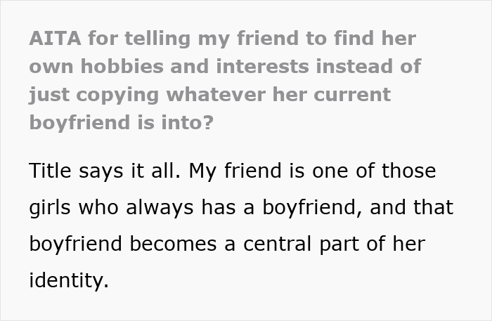 Text about a woman who copies every hobby her boyfriends have. Text about a woman who copies every hobby her boyfriends have.