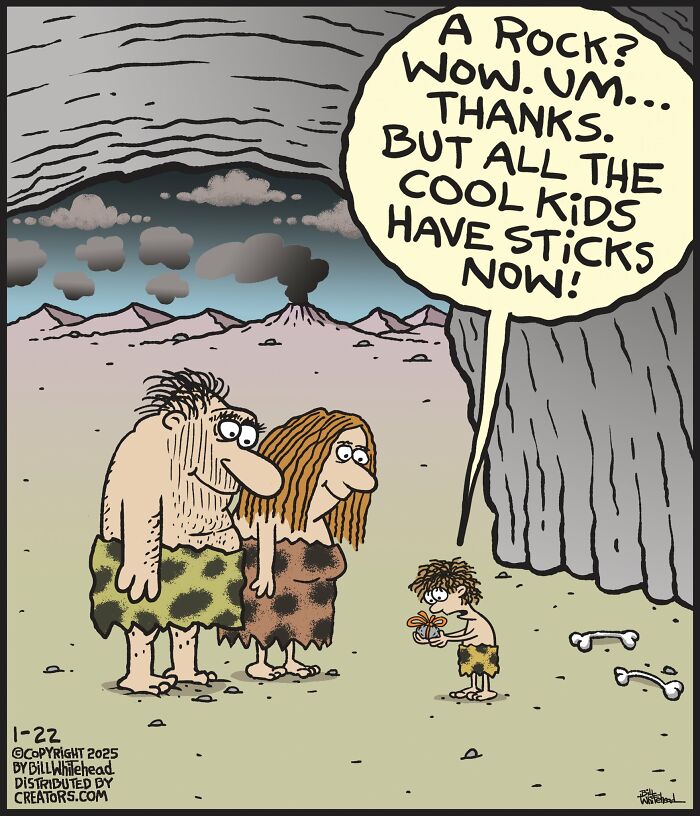 Caveman family in one-panel comic by Bill Whitehead, kid holding a rock saying cool kids have sticks.