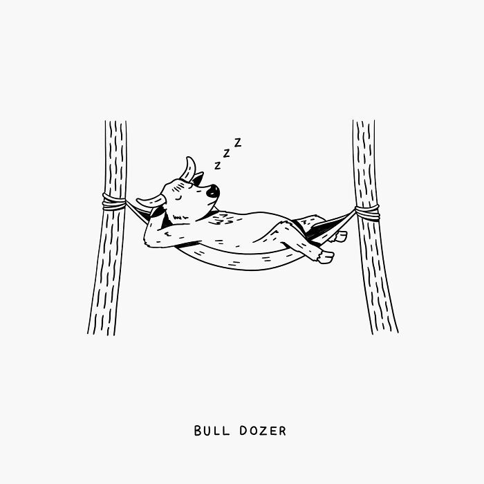 Illustration by John Larigakis: a relaxed bull sleeping in a hammock, titled "Bull Dozer."