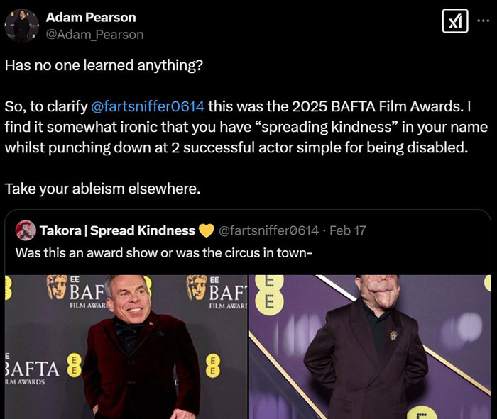 Adam Pearson responds to a tweet about the BAFTA Awards, discussing ableism and kindness. Adam Pearson responds to a tweet about the BAFTA Awards, discussing ableism and kindness.