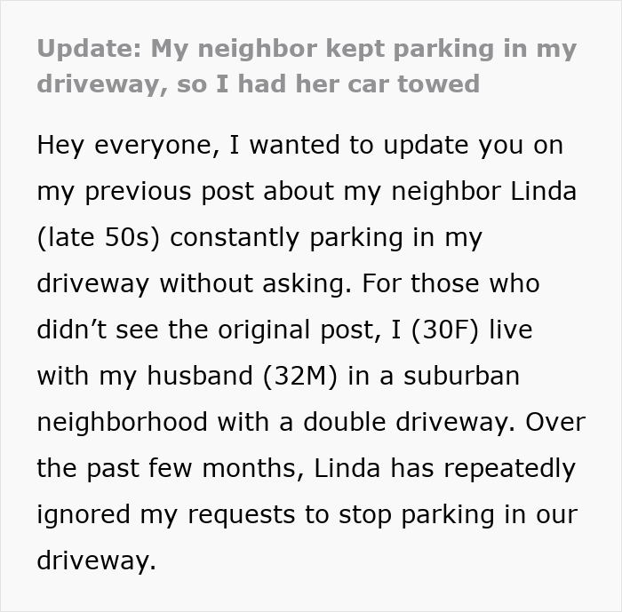 Text update on neighbor parking car unauthorized in driveway, resulting in the car being towed. Text update on neighbor parking car unauthorized in driveway, resulting in the car being towed.