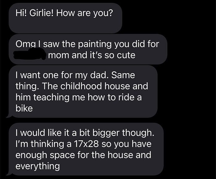 Conversation text about requesting a larger painting of a childhood scene. Conversation text about requesting a larger painting of a childhood scene.