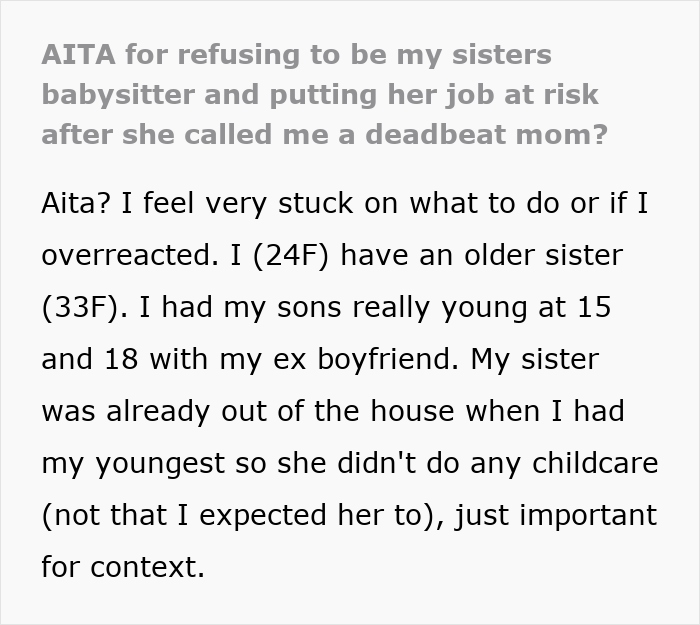 Text screenshot discussing babysitting refusal and being called a deadbeat mom. Text screenshot discussing babysitting refusal and being called a deadbeat mom.