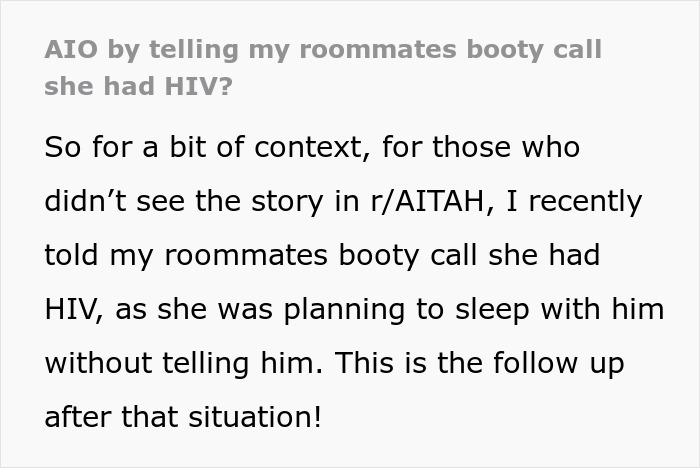 Text discussing a revelation about a friend's HIV status to a roommate's date, impacting her reputation. Text discussing a revelation about a friend's HIV status to a roommate's date, impacting her reputation.