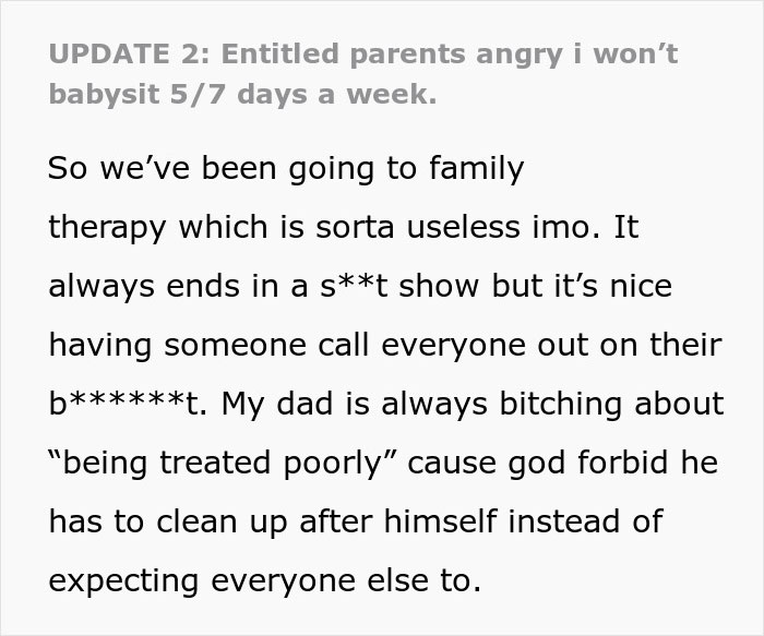 Text about parents pressuring daughter to babysit, leading to family therapy sessions and ongoing conflict. Text about parents pressuring daughter to babysit, leading to family therapy sessions and ongoing conflict.