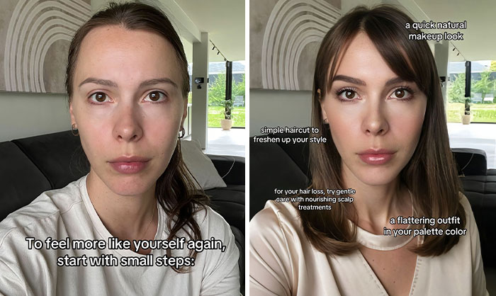 Content creator's digital makeover: natural makeup, new haircut, and outfit enhancement for a refreshed appearance.