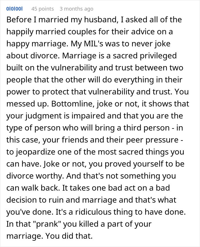 Text discussing the consequences of joking about divorce in a marriage. Text discussing the consequences of joking about divorce in a marriage.