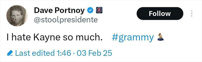 Tweet criticizing Bianca Censori's Grammys dress, mentioning Kanye and #grammy. Tweet criticizing Bianca Censori's Grammys dress, mentioning Kanye and #grammy.