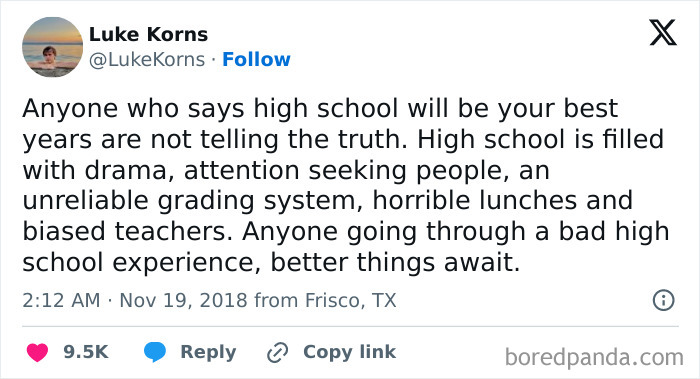 Tweet about unhinged high school experiences, discussing drama, unreliable grading, and biased teachers.