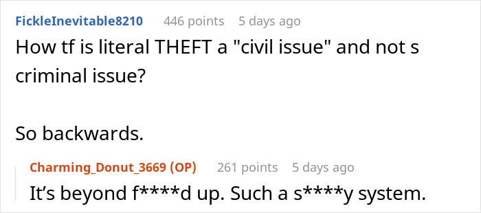 Debate on theft being a civil issue, highlighting frustration with the system. Debate on theft being a civil issue, highlighting frustration with the system.