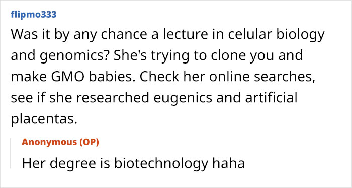 Text exchange about creepy box and relationship, mentioning cellular biology and biotechnology degree. Text exchange about creepy box and relationship, mentioning cellular biology and biotechnology degree.