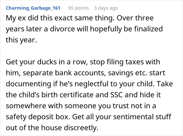 Text from a forum about marriage, divorce, and separating finances and documents. Text from a forum about marriage, divorce, and separating finances and documents.