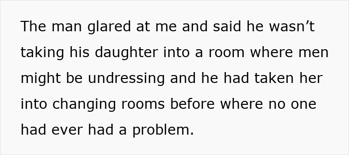 Text screenshot discussing a dad's decision about using women's changing rooms with his daughter. Text screenshot discussing a dad's decision about using women's changing rooms with his daughter.