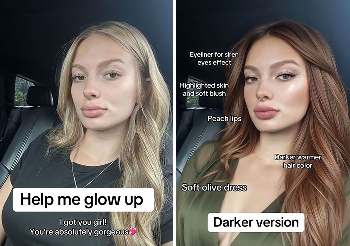Before and after digital makeover by content creator, showing enhanced makeup, hair, and dress color.