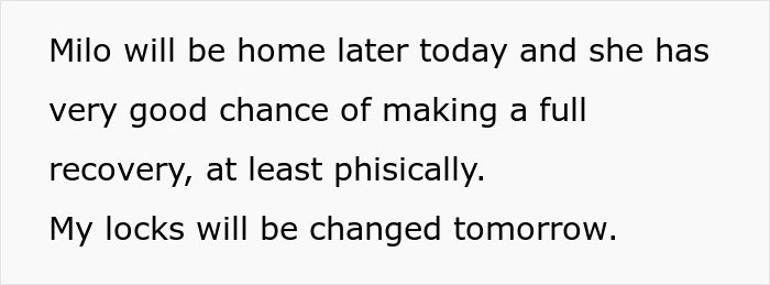 Text message about a dog named Milo returning home and recovering, with plans to change locks, related to a woman’s trip. Text message about a dog named Milo returning home and recovering, with plans to change locks, related to a woman’s trip.