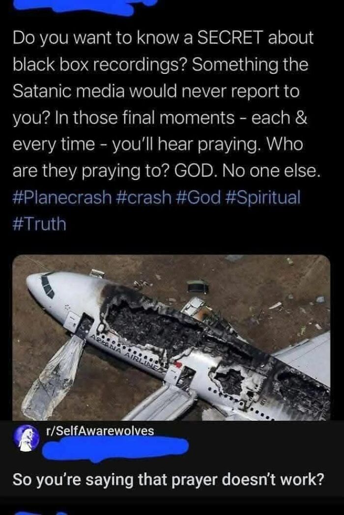 Text meme about prayer during plane crashes with a burnt airplane image, part of funny memes for moments lacking energy.