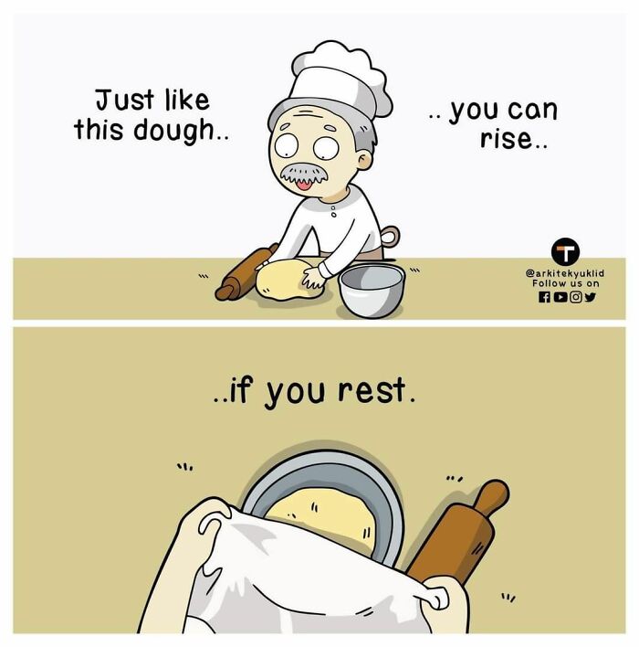 Cartoon baker with dough and rolling pin, highlighting positivity with a message about rising through rest.